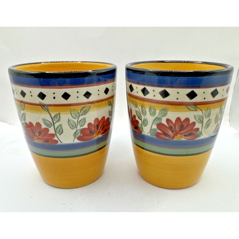 Pier 1 Alexandria Hand Painted Earthenware Mugs Yellow Blue Red Flowers Set of 2 - Picture 3 of 4
